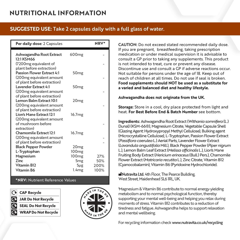 image 1 of Nutravita Ashwagandha KSM-66 7200mg Before Extraction - Relax Complex with Magnesium & L-Tryptophan - Supports Mental Wellbeing - 120 Capsules