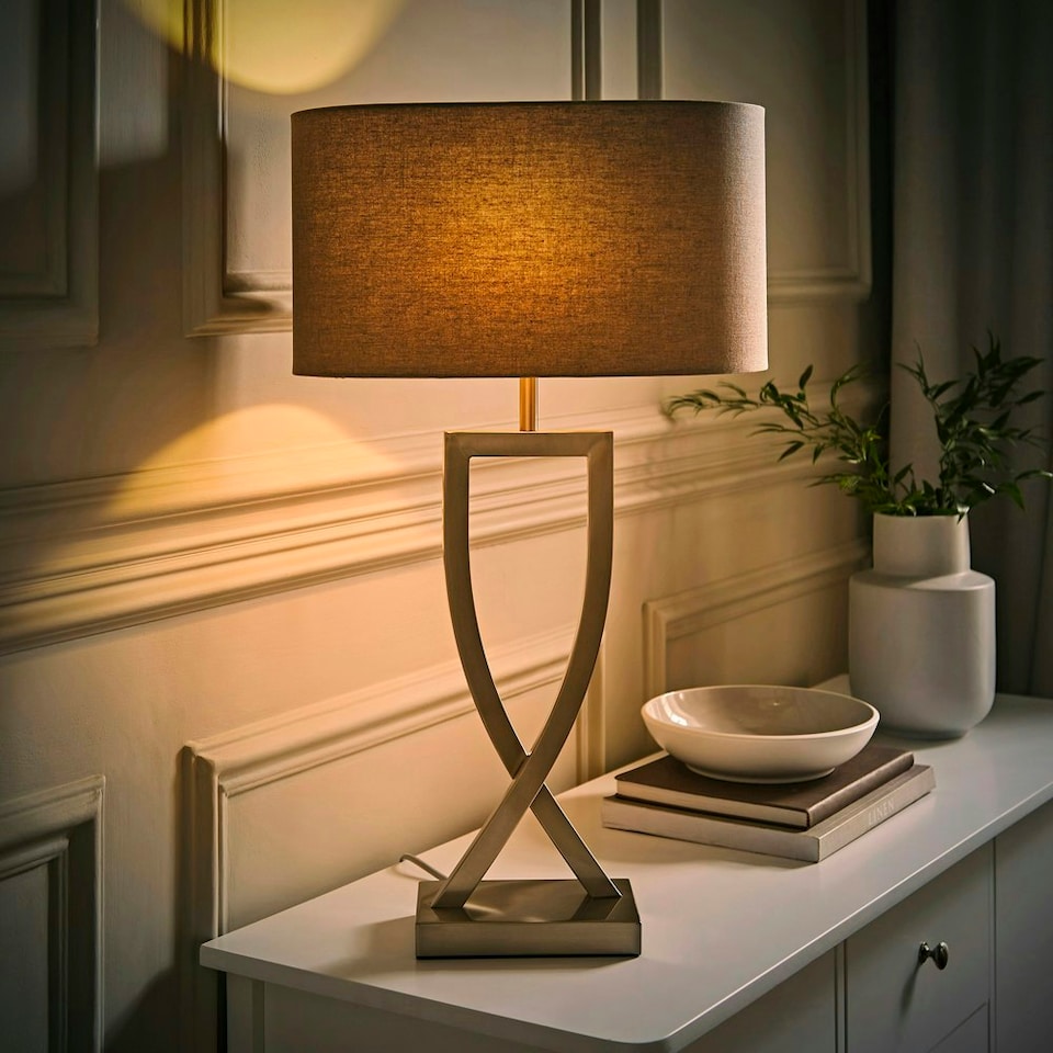 image 1 of ValueLights Katniss Large Silver Chrome Metal Bedside Table Lamp with a Grey Oval Fabric Lampshade - Bulb Included