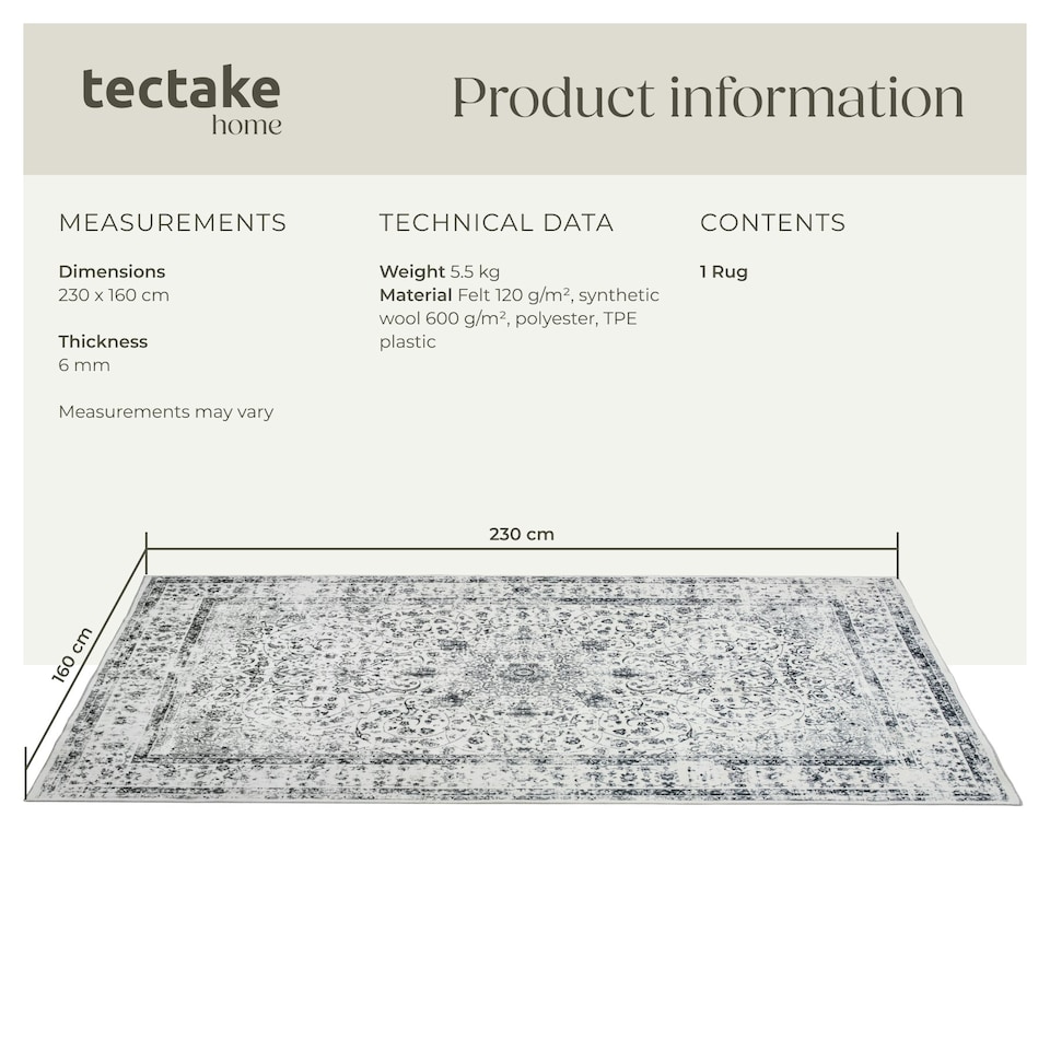 image 1 of Washable Rug Aliya - different sizes, oriental pattern, non-slip underside, non-allergenic short pile Grey | 230 x 160 cm