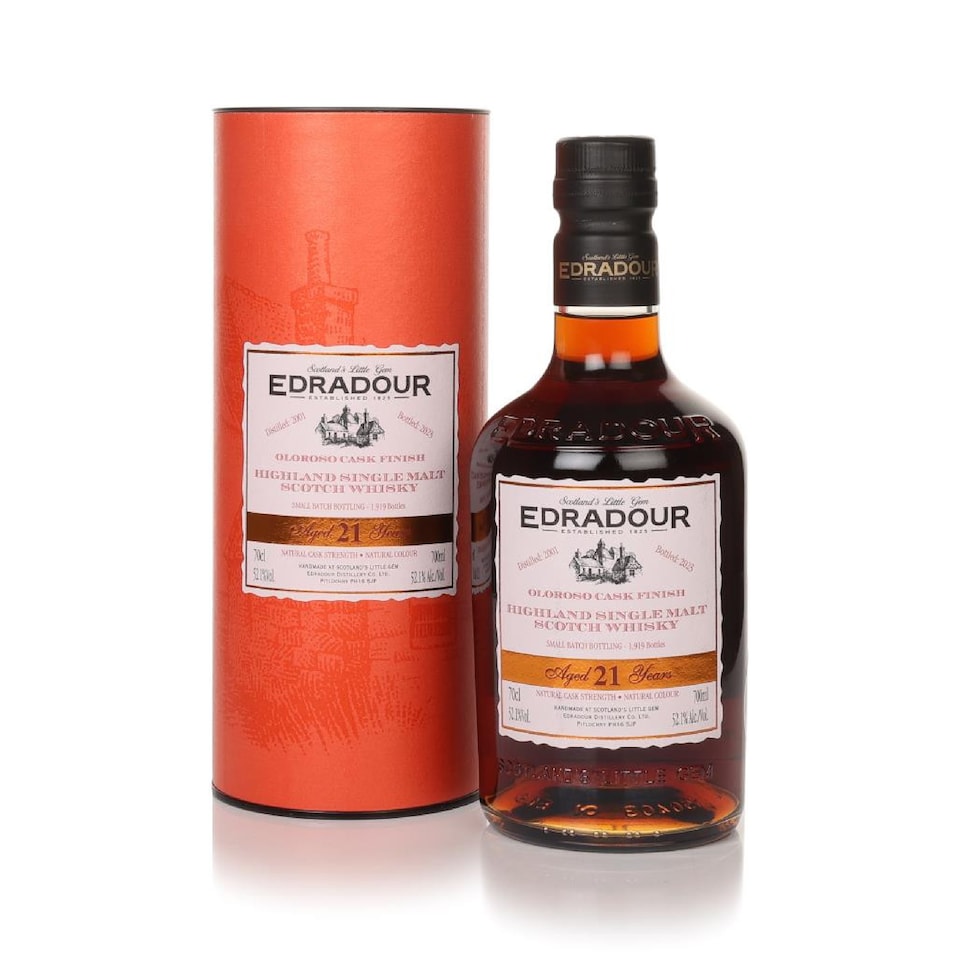 image 1 of Edradour - Oloroso Sherry Finish Ingle Malt Scotch 2001 21 year old Whisky | Multi | Fruity sherry, slightly minty, cinnamon, bitter orange jam, chocolate, molasses, sweet, creamy, very spicy, dark chocolate, roasted coffee beans, cinnamon, datteln, plums, caramel, candied oranges, black tea, toasted aromas (coffee, cocoa), cinnamon, licorice, sage, dried fruits | 1