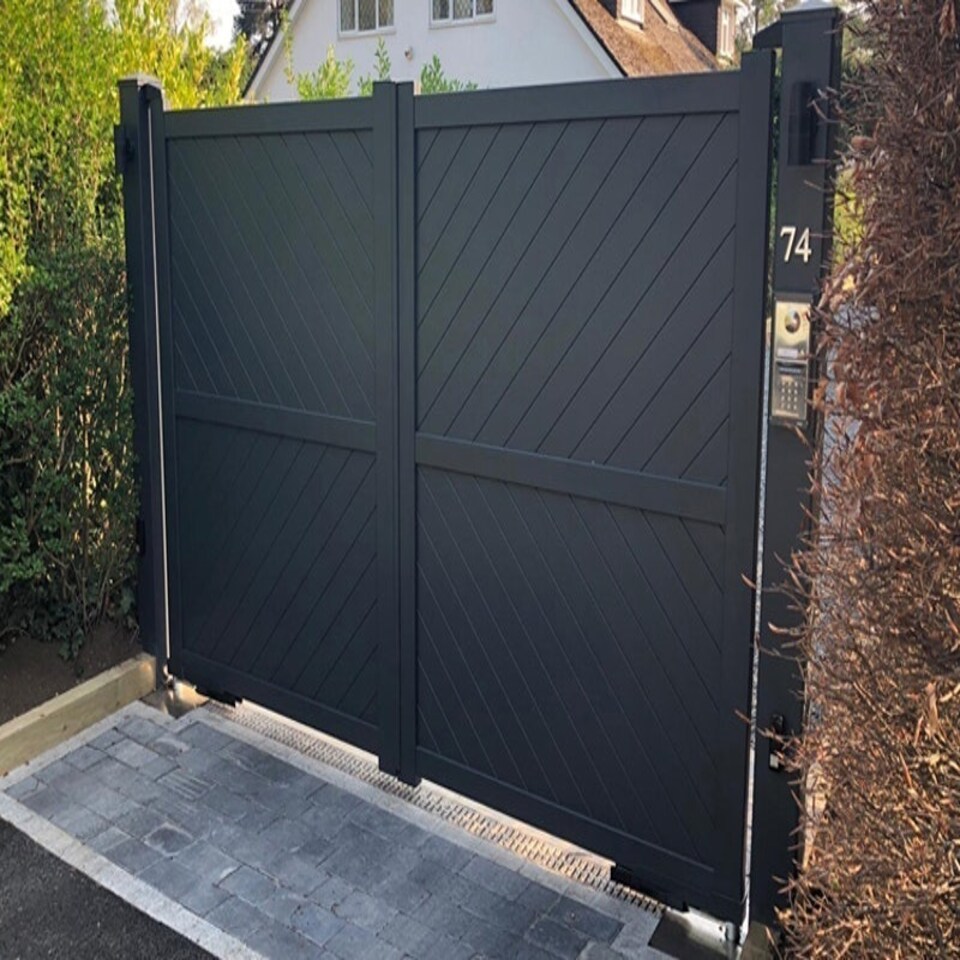 image 1 of Double Swing Gate 3750x1800mm Black - Diagonal Solid Infill and Flat Top Black