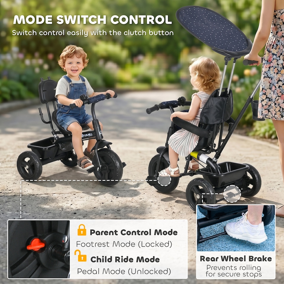 image 1 of HOMCOM 6 in 1 Kids Tricycle w/ Removable Handle for 1.5+ year, Dark Blue
