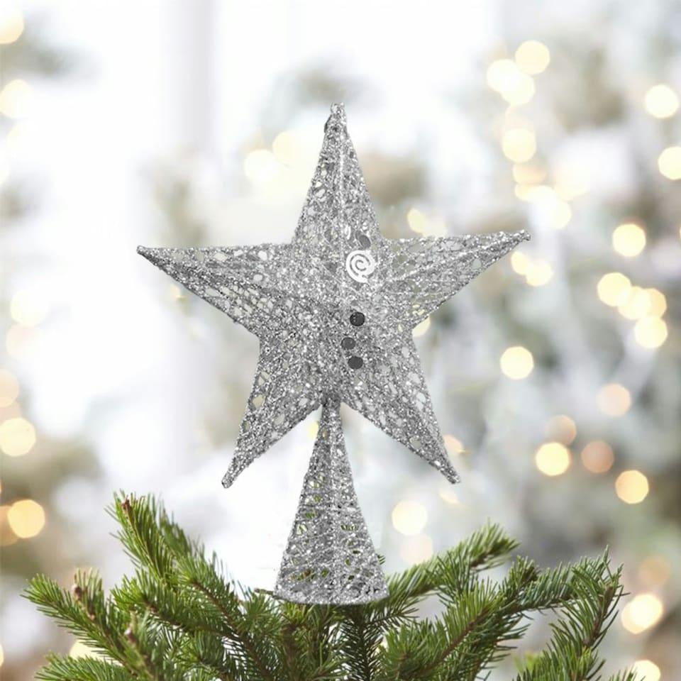 image 1 of Living and Home Wrought Iron Christmas Tree Topper Star Ornament  - Silver 25*35cm