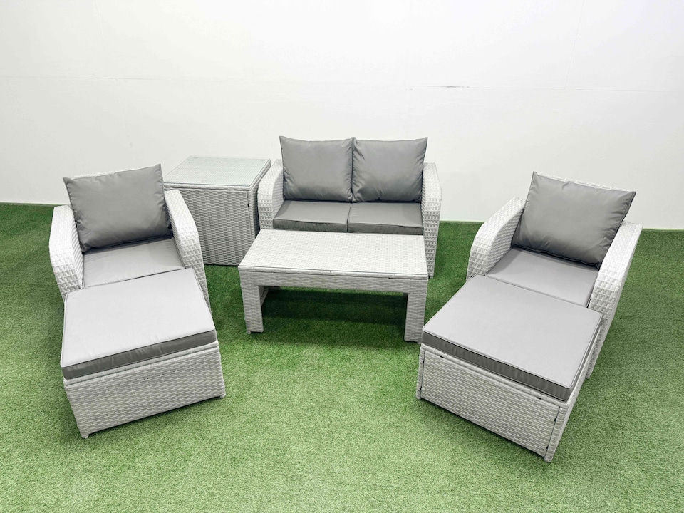 image 1 of Fimous Light Grey PE Wicker Rattan Garden Furniture Set Sofa Set Reclining Adjustable Chair Oblong Coffee Table 6 Seater 2 Big Stools Side Table