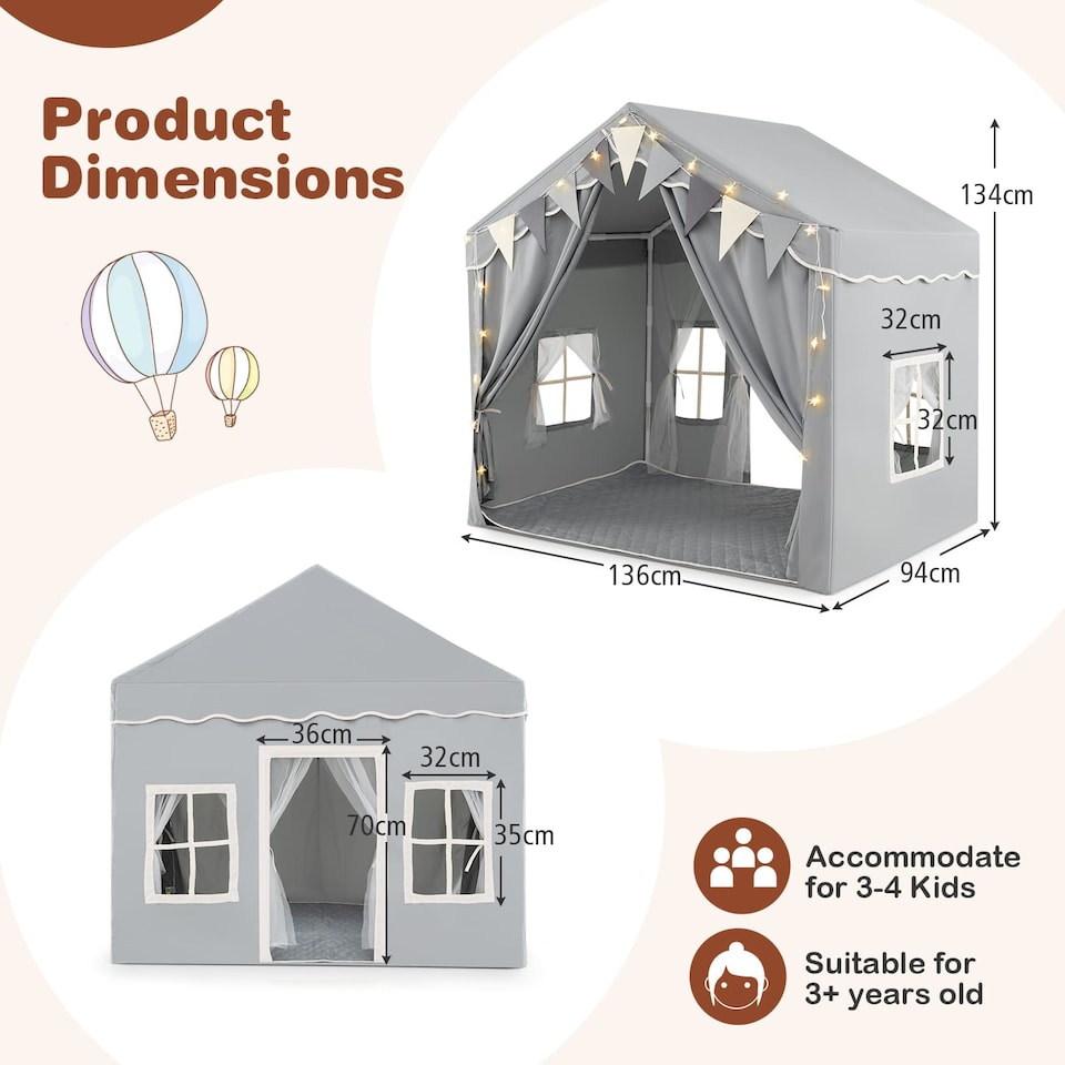 image 1 of COSTWAY Kids Play Tent 3-4 Kids Large Play Tent House w/2 Opening Doors-Grey