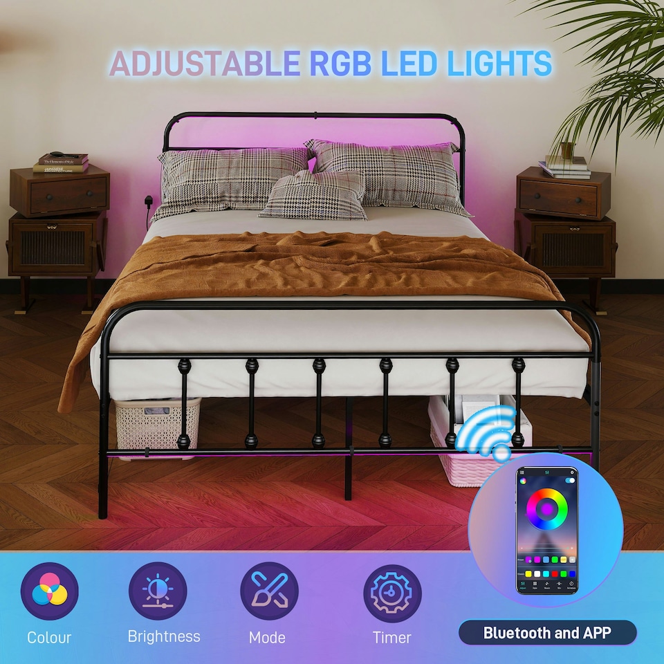 image 1 of HOMCOM King Bed Frame with LED Lights and Charging Station, Black