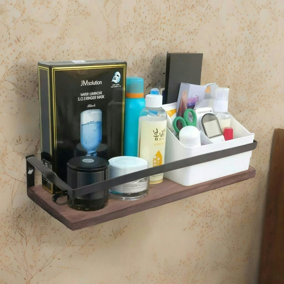 image 1 of Industrial 2PC Tier Wooden Floating Shelves with Hanging Rail Brown