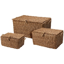 JSH Rectangular Storage Baskets Set of 3 in Natural Woven Seagrass Wicker Home Organiser Box for Kids Toys Blankets Towels Playroom Nursery Bedroom