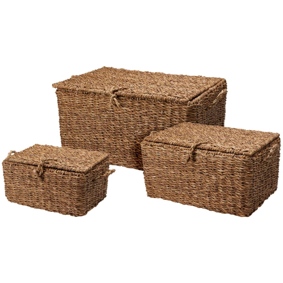 image 1 of JSH Rectangular Storage Baskets Set of 3 in Natural Woven Seagrass Wicker Home Organiser Box for Kids Toys Blankets Towels Playroom Nursery Bedroom