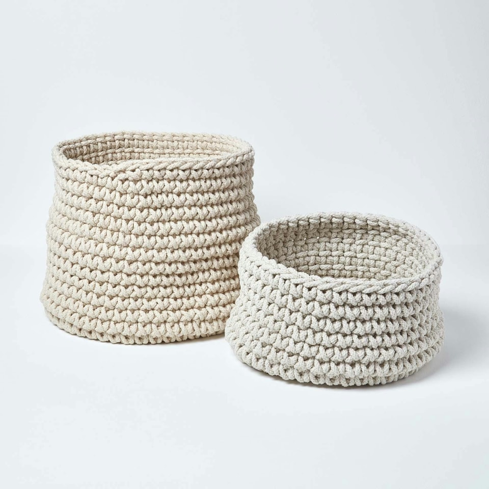 image 1 of Homescapes Natural Cotton Knitted Round Storage Basket - 42 x 37 cm | Cream | Natural | L