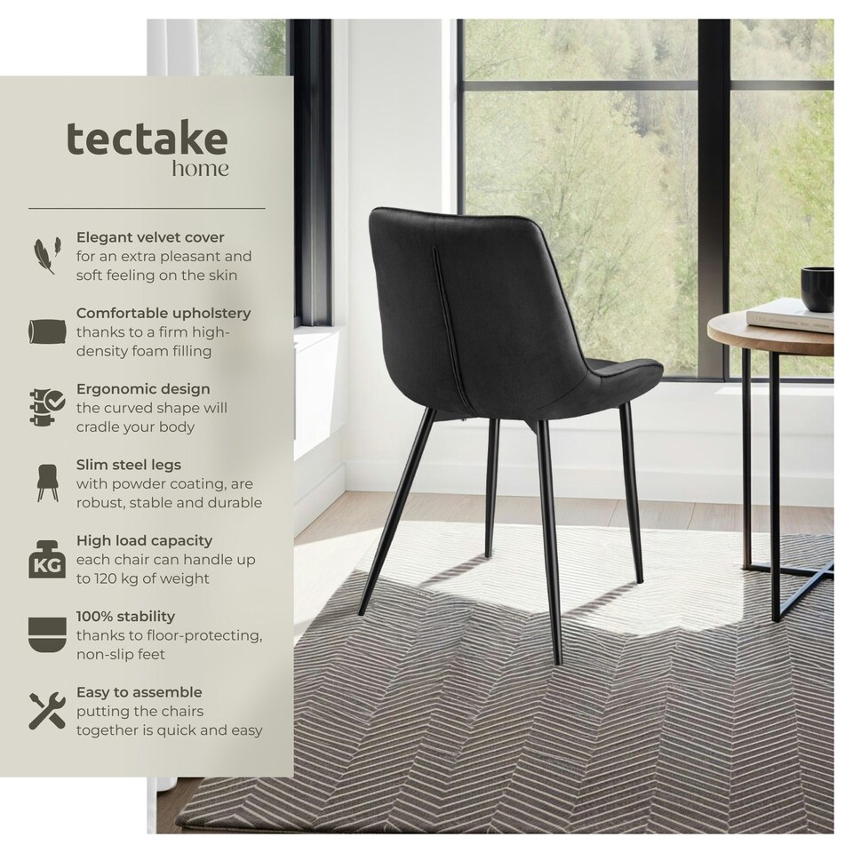 image 1 of Dining Chair Monroe - padded, velvet look, ergonomic seat, black steel legs - Set of 6 Black