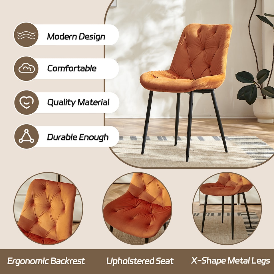 image 1 of SONARA Modern Set of 2 Velvet Dining Chairs with Ergonomic Upholstered Seat | Orange