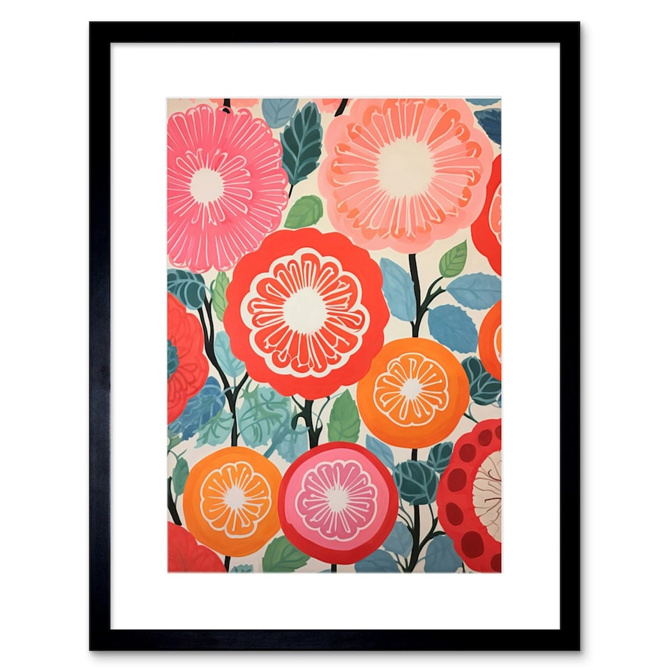 image 1 of Bright Floral Pomegranate Tree Flower Blooms 9x7" Black Framed Wall Art Print