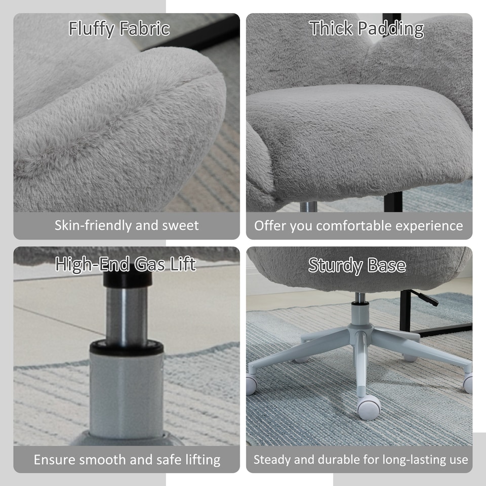 image 1 of HOMCOM Fluffy Desk Chair, Cute Makeup Vanity Chair with Rolling Wheels for Home Bedroom Living Room, Grey