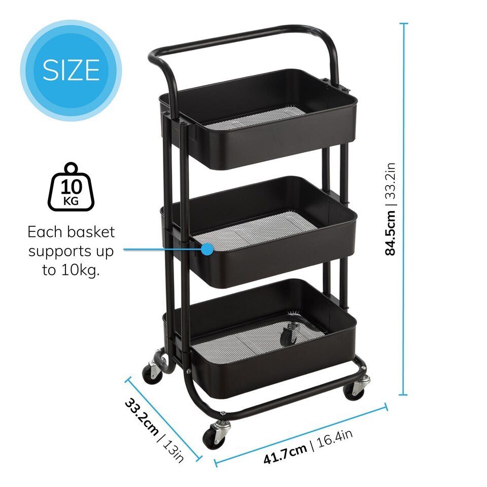 image 1 of House of Home 3 Tier Storage Cart On Wheels Home Kitchen Office Bath-Bedroom Organiser Black | Black