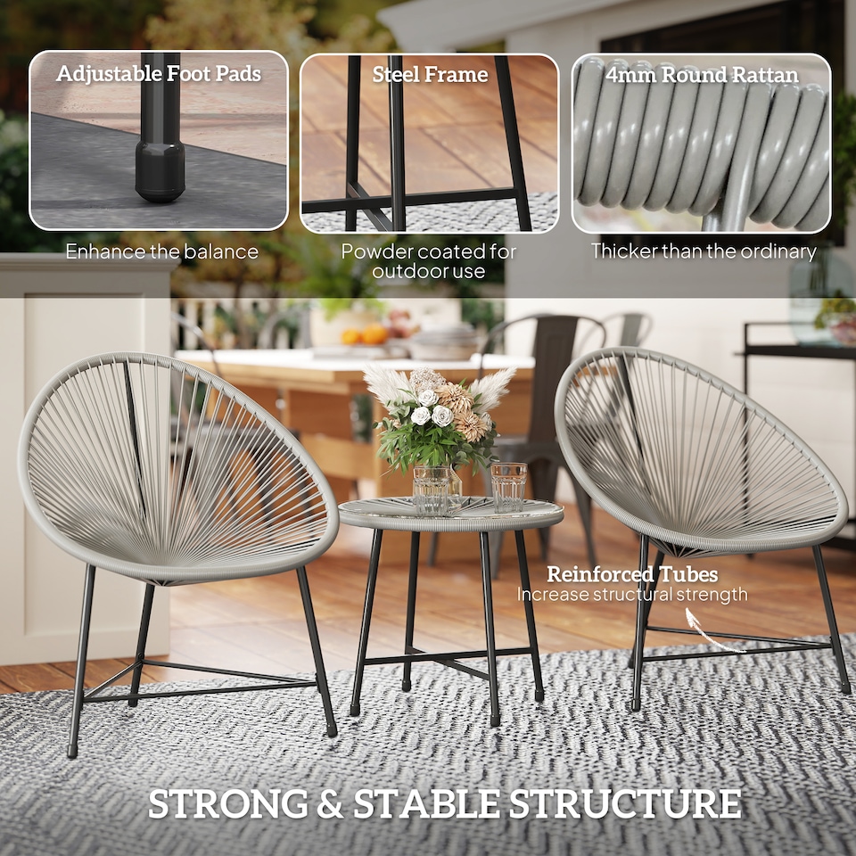 image 1 of Outsunny Rattan Bistro Set with Acapulco Chairs and Glass Table, Grey