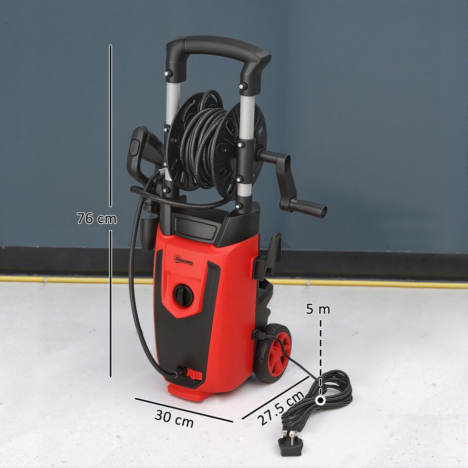 image 1 of Outsunny 1800 W High Pressure Washer, 150 Bar Pressure, 420 L/h Flow, Portable Electric Power Washer Jet Wash Cleaner with Adjustable Nozzle, 6 M Hose and Hose Reel for Home Patio Car Driveway, Red