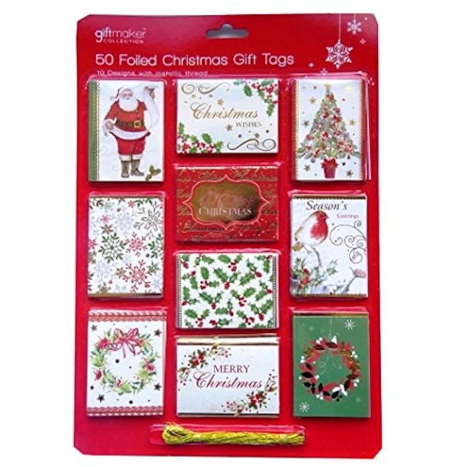 image 1 of Pack Of 50 Foiled Traditional Christmas Gift Tags: 10 Different Designs And Gold Metallic Thread