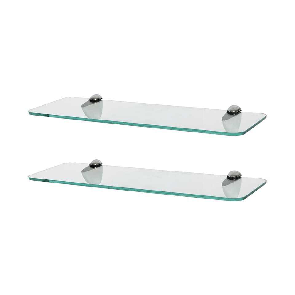 image 1 of Harbour Housewares Rounded Floating Glass Shelf - 40cm - Metallic Brackets - Bathroom Shower Storage Vanity Display Unit Shelf | Silver | Chrome | 2