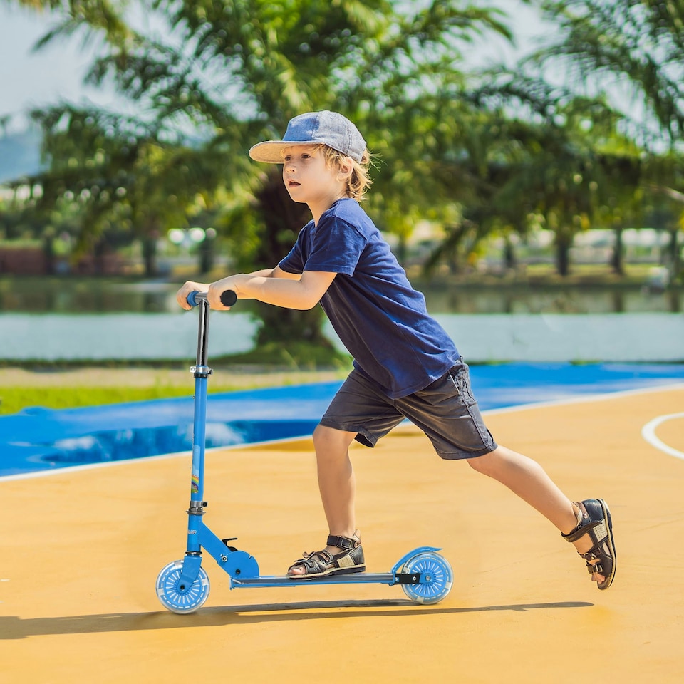 image 1 of HOMCOM Kids Scooter 2 Wheels W/ Lights Music Adjustable Height Foldable - Blue