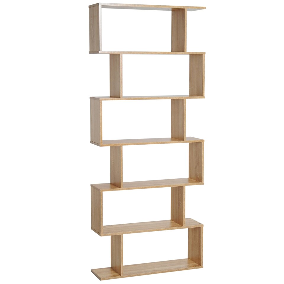 image 1 of HOMCOM 6-Tier Wooden Modern S-Shaped Shelf Storage Unit Home Office Oak Colour