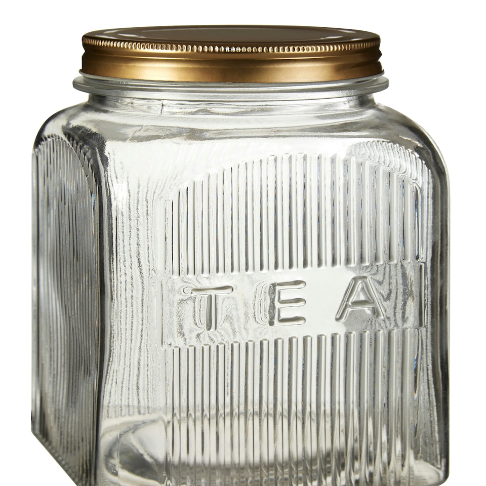 image 1 of Interiors by Premier Set of Three Glass Jars with Gold Finish Lids, Embossed 'Tea', 'Coffee', and 'Sugar' Labels