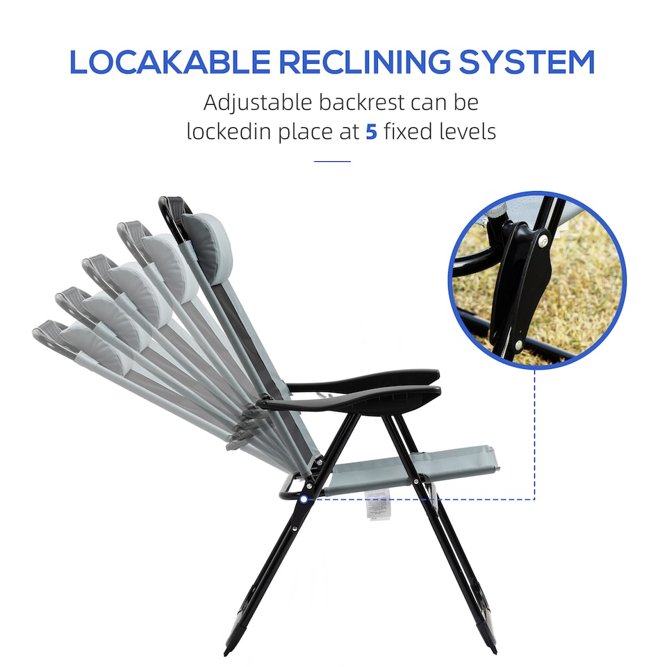 image 1 of Outsunny Garden Chairs Set of 2 Folding Camping Chair Recliners, Grey | Grey | Grey