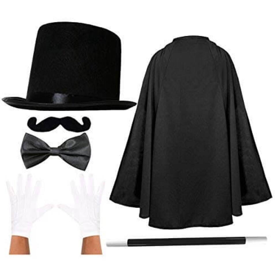 image 1 of Magician Fancy Dress Costume Kit - 6 Piece Set Black | One Size