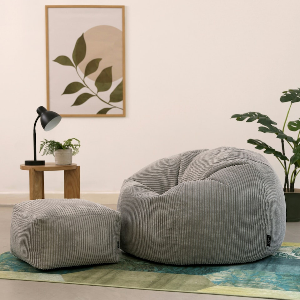 image 1 of icon Kingston Cord Adults Bean Bag Chair and Pouffe, Ready Filled Beanbag and Footstool Grey Grey | Grey