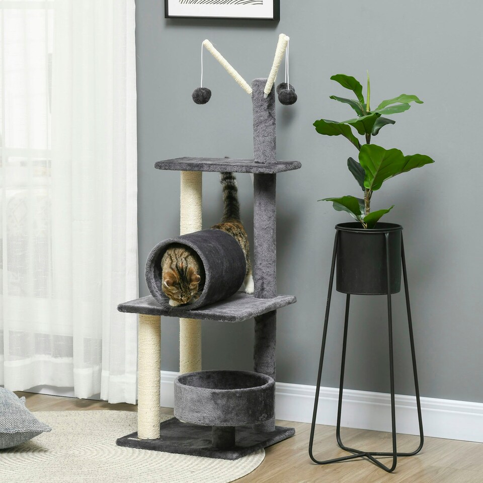 image 1 of PawHut 121cm Cat Tree Tower Activity Centre with Scratching Post Grey