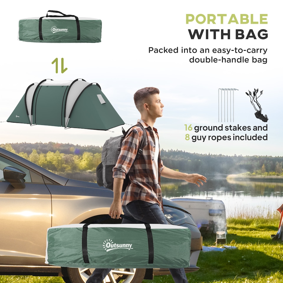 image 1 of Outsunny 2 Bedroom Camping Tent with Living Area, 3000mm Waterproof, Green