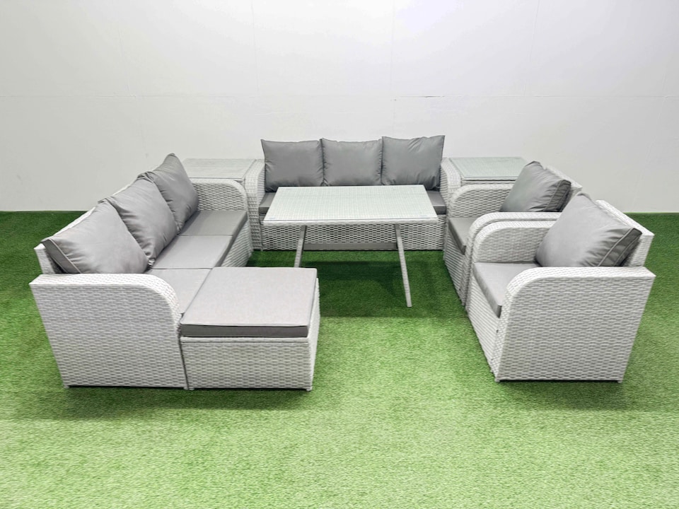 image 1 of Fimous Rattan High Back Lounge Sofa Set Patio Dining Table & Chairs Set with 3 Seater Sofa 2 Reclining Chairs 2 Side Tables Big Stool Light Grey
