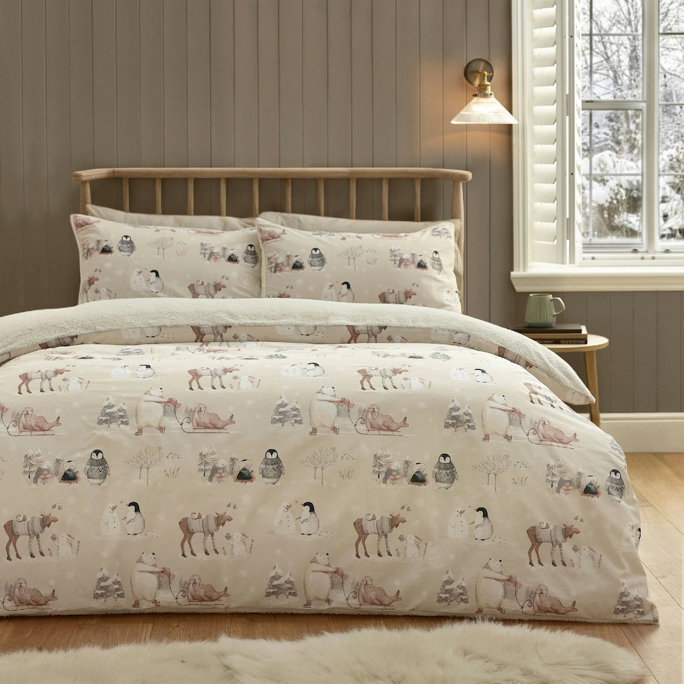 image 1 of Catherine Lansfield Winter Friends Sherpa Duvet Cover Set Natural Cream | Natural | Single