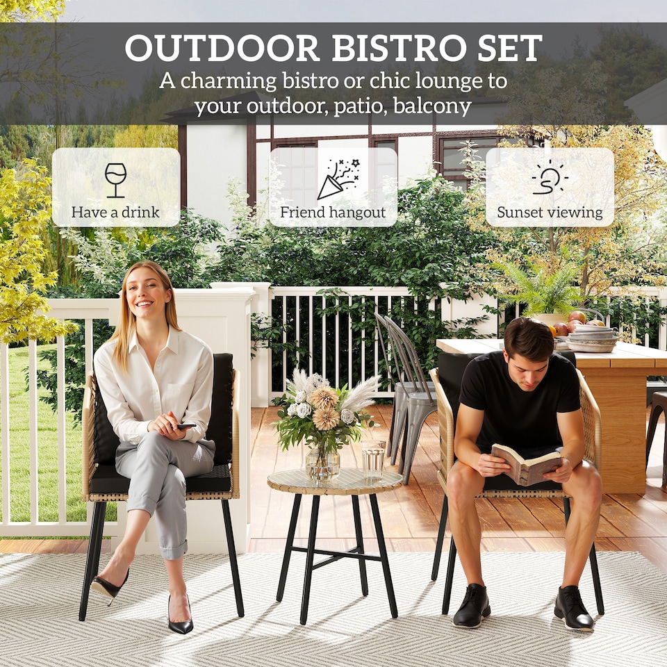 image 1 of Outsunny 3 Piece Rattan Bistro Set, Patio Wicker Conversation Furniture Set with 2 Chairs, Tempered Glass Table, Cushions, Adjustable Foot Pads, for Garden, Balcony, Nature Wood Finish
