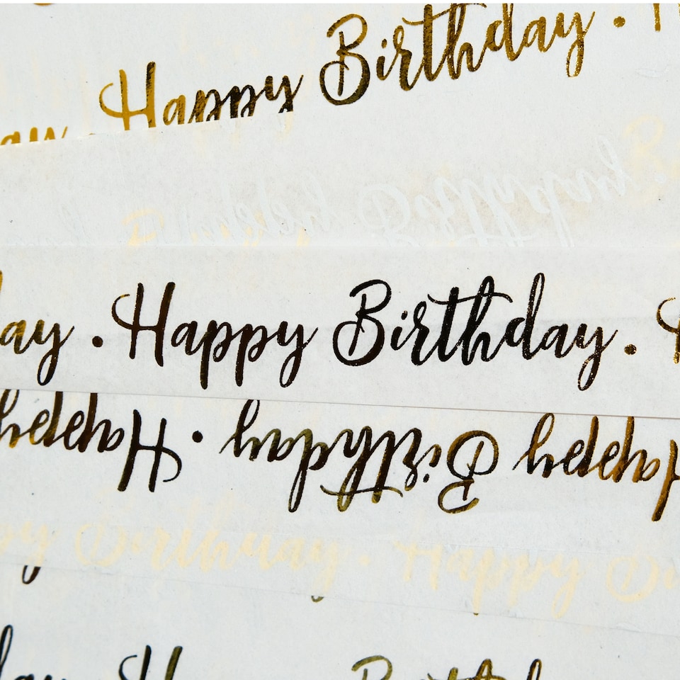 image 1 of Pack of 30 Happy Birthday Script Luxury Gold Metallic Plastic-Free 18gsm Tissue Paper Sheets 50x70cm - Patterned Tissue Paper for Xmas, New Year, Party, Wedding, Birthday Packing Present Gift Box DIY