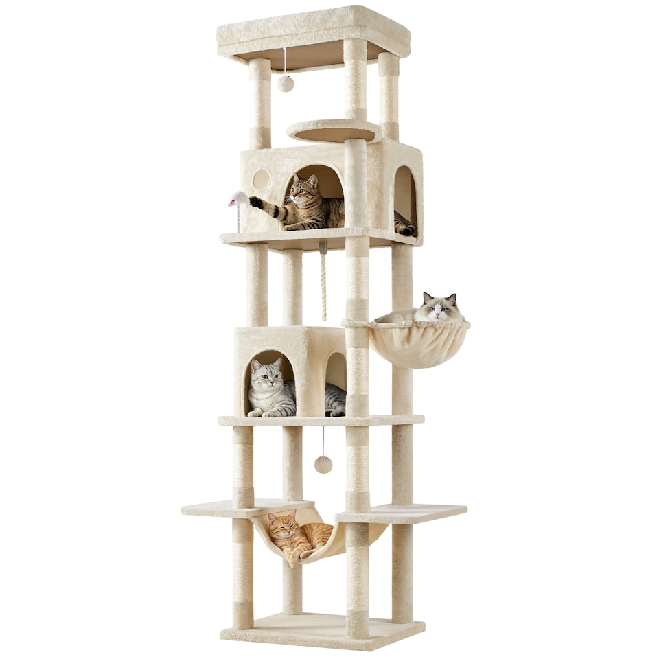 image 1 of Yaheetech 210cm Multi-Level Cat Tree with Large Top Perch, 2 Cat Condos, Hammock & Basket, Sisal Scratching Posts, Heavy Duty Cat Tower for Indoor Cats, Beige