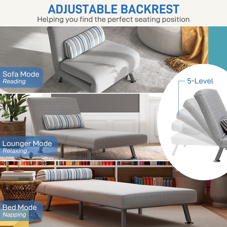 image 1 of HOMCOM Convertible Chair Bed, 3-in-1 Linen Sleeper Chair with Adjustable Backrest, Pillow, for Living Room, Bedroom, Light Grey
