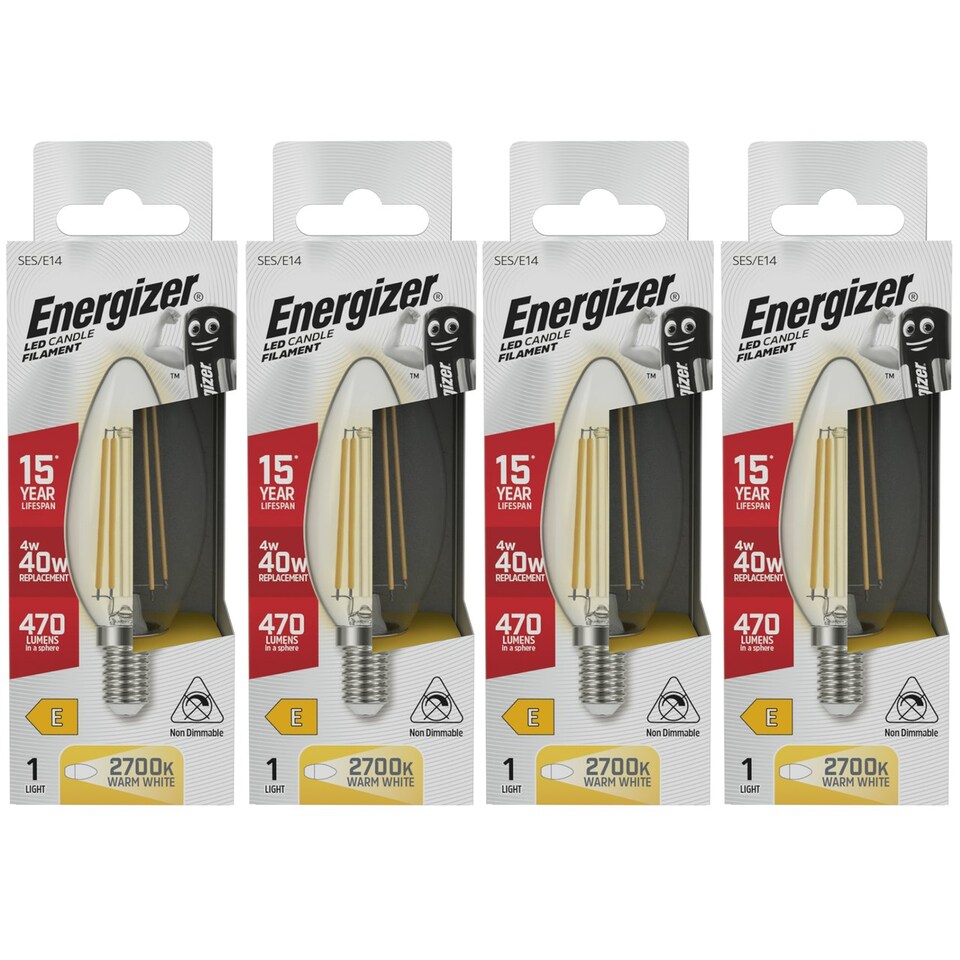 image 1 of Energizer LED Filament Candle E14 470lm 4W 2700K (Warm White) Light Bulb - Pack of 4