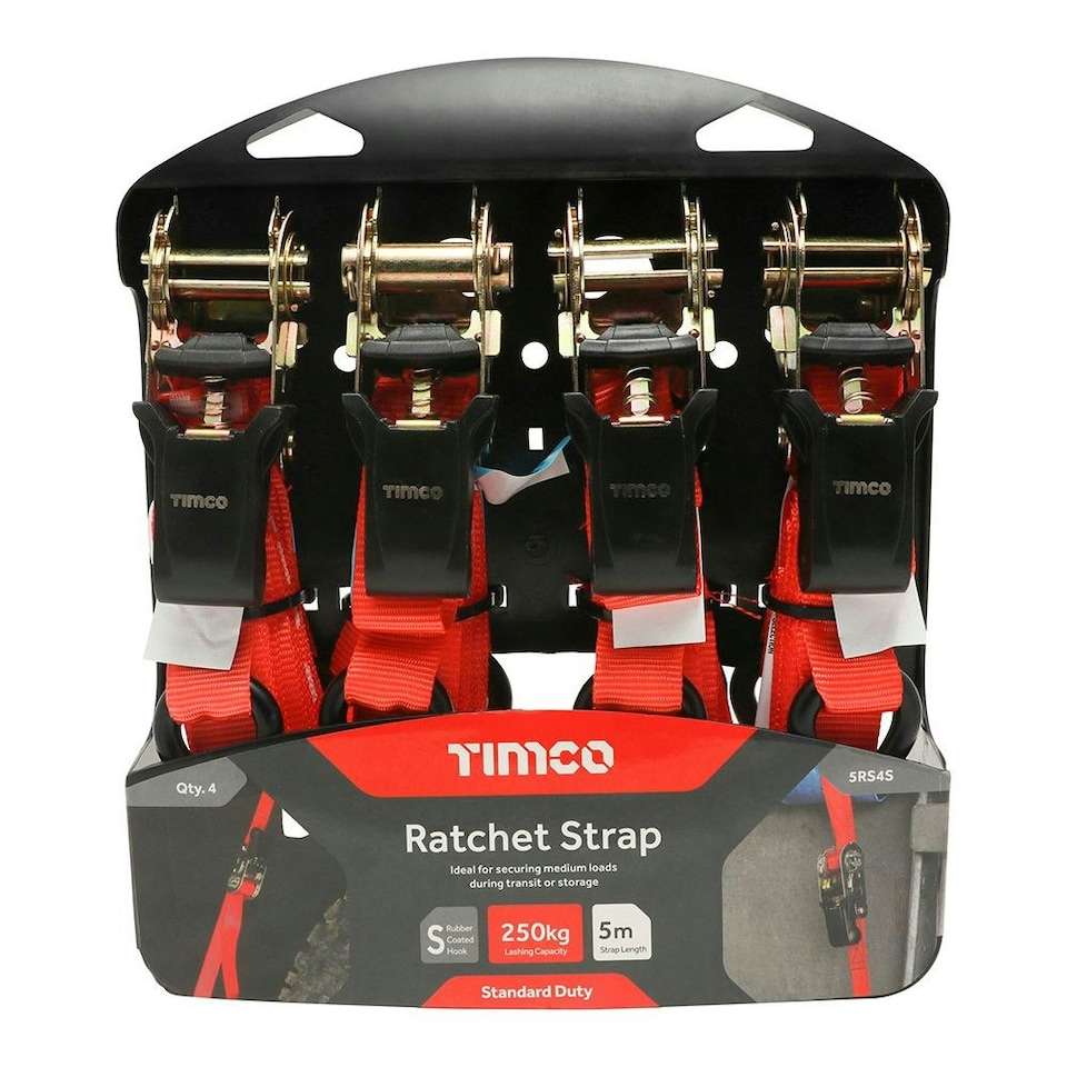 image 1 of Timco - Ratchet Straps - S Hook - Standard Duty (Size 5m x 25mm - 4 Pieces)
