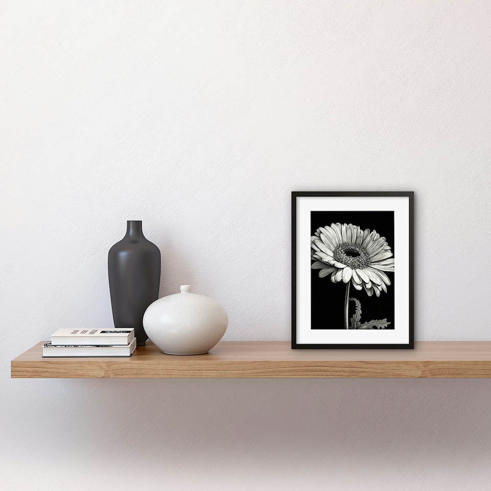 image 1 of Black White Pencil Drawing of a Gerbera Flower 9x7" Black Framed Wall Art Print