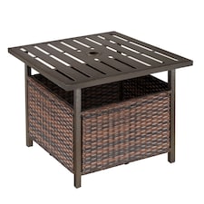 Outsunny Rattan Garden Coffee Table, 55.5 cm Square Wicker Patio Side Coffee Table with 4 cm Umbrella Hole, Metal Bottom and Slatted Top for Outdoor, Balcony, Brown