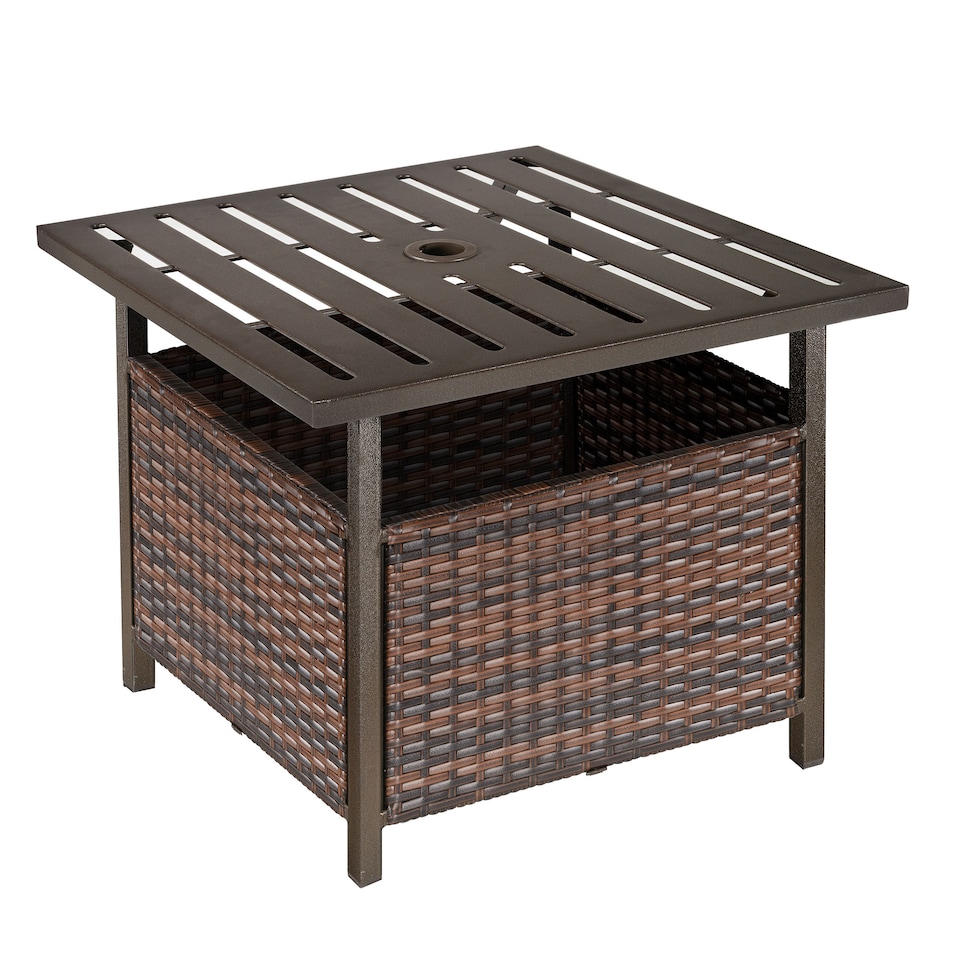 image 1 of Outsunny Rattan Garden Coffee Table, 55.5 cm Square Wicker Patio Side Coffee Table with 4 cm Umbrella Hole, Metal Bottom and Slatted Top for Outdoor, Balcony, Brown