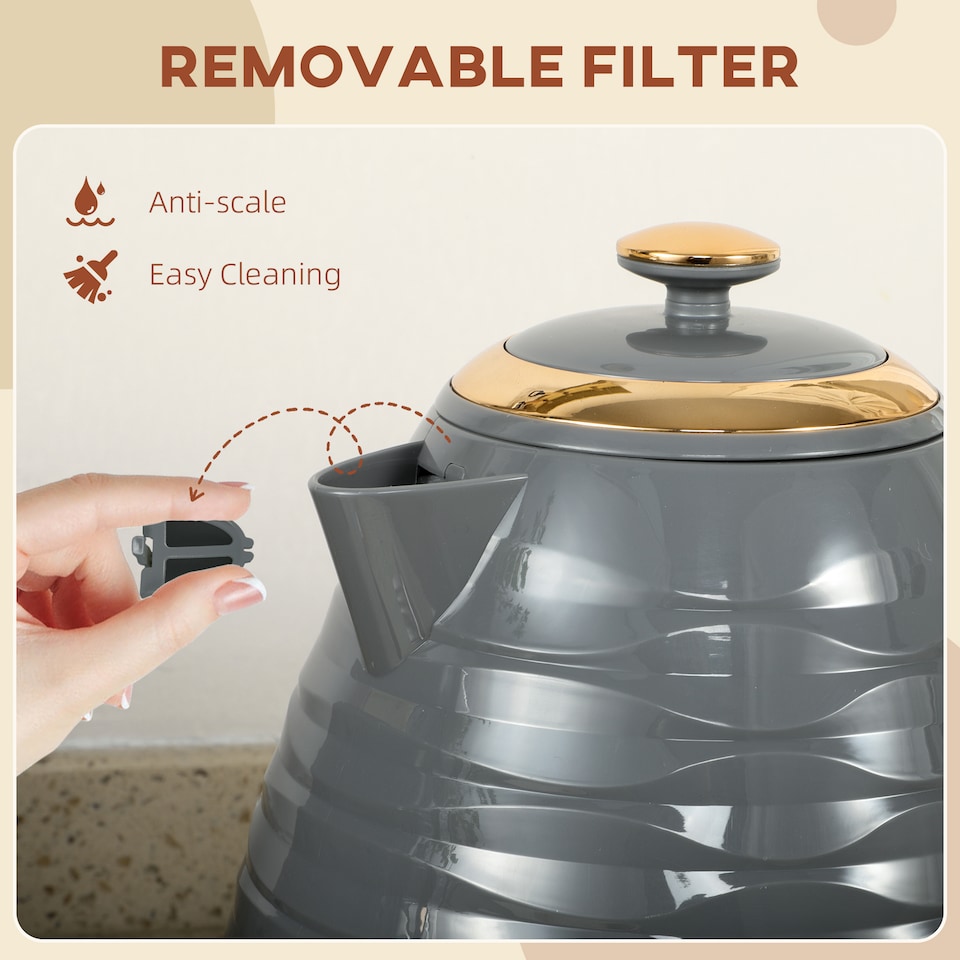 image 1 of HOMCOM Electric Kettle 1.7L, Fast Boil, 3kW Cordless Water Kettle with Removable Washable Anti-scale Filter, UK Otter Thermostat, Auto Shut-off, 360° Swivel, BPA Free, Grey Water Ripple Texture