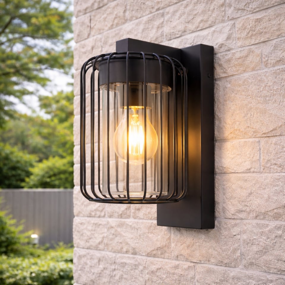 image 1 of CGC ALVIN Black Outdoor Cage Wall Lantern Light with Clear Polycarbonate Diffuser IP54