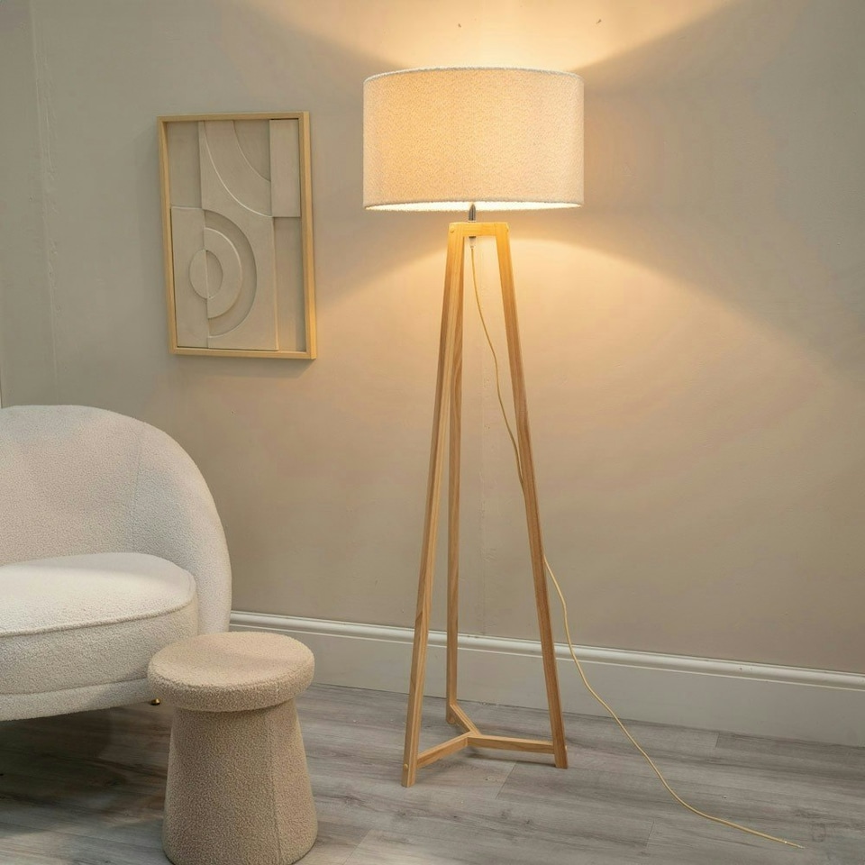 image 1 of ValueLights Lottie Natural Wood Tripod Floor Lamp with Cream Boucle Drum Shade | Cream