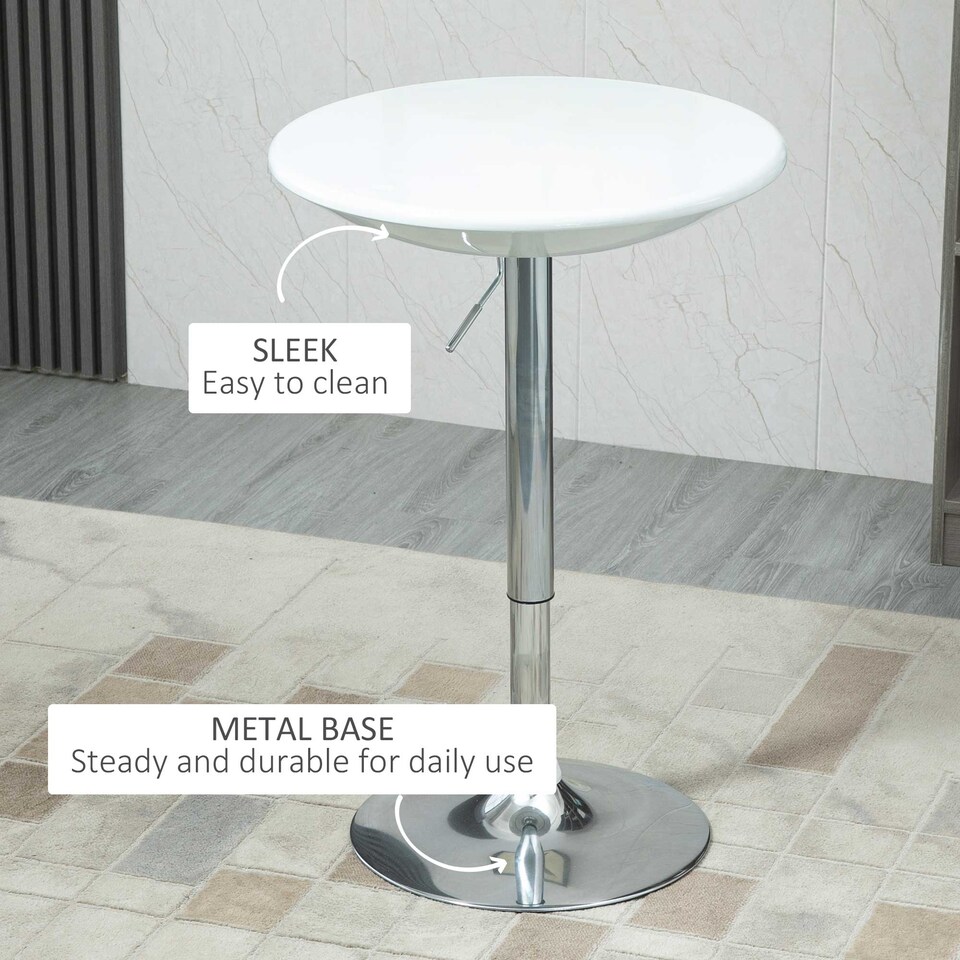 image 1 of HOMCOM Modern Round Bar Table Adjustable Height Home Pub Bistro Desk Swivel Painted Top with Silver Steel Leg and Base, White