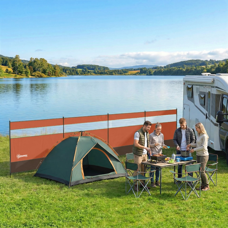 image 1 of Outsunny Camping Windbreaks with Clear Windows, 725 x 140cm | Orange | Orange, Khaki, Clear | 725 x 140 cm