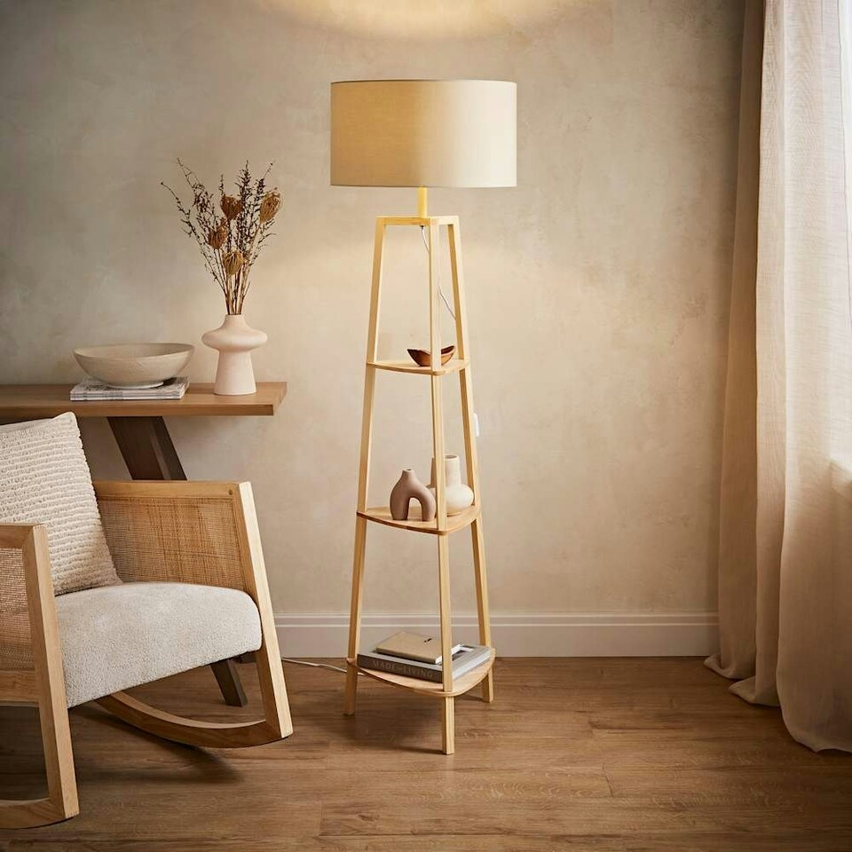 image 1 of ValueLights Hiru Wooden 3 Tier Shelf Floor Lamp Natural Shade & Bulb Cream