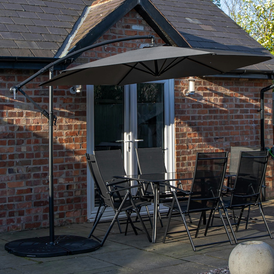 image 1 of Outdoor 6 Person Rectangular Glass Top Garden Dining Table Chairs With Grey Banana Parasol and Base