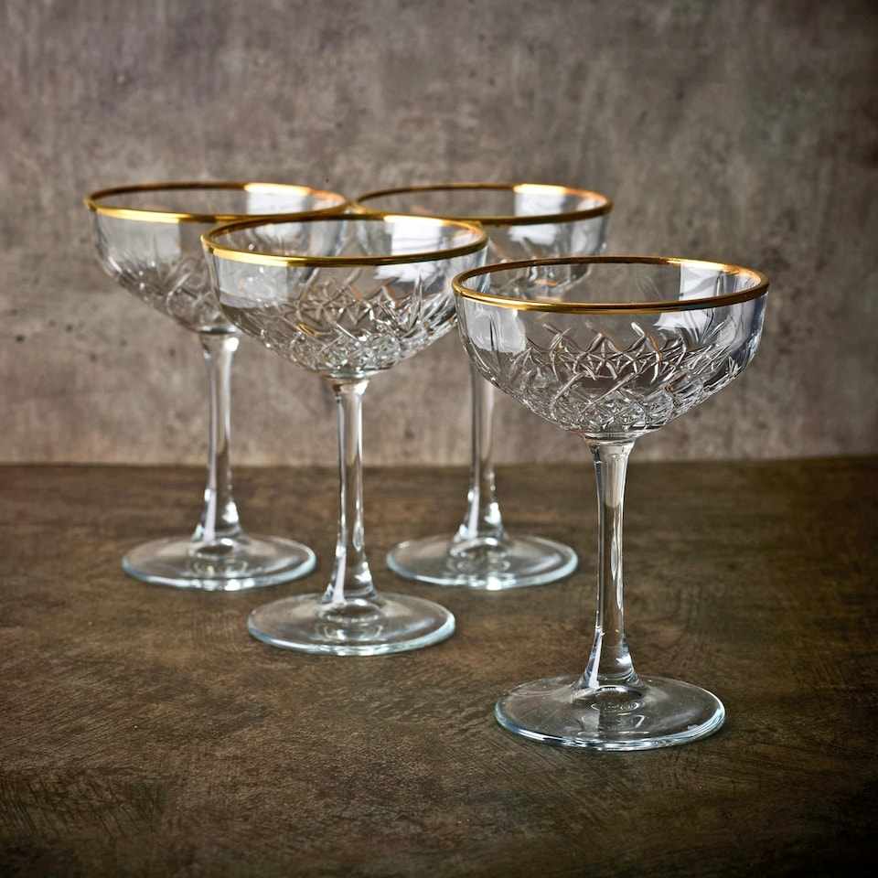 image 1 of Glass Champagne Glasses Elegant Stemmed Tall Coupe Cocktail Glassware Set 255ml | Clear | Clear | Set of 4